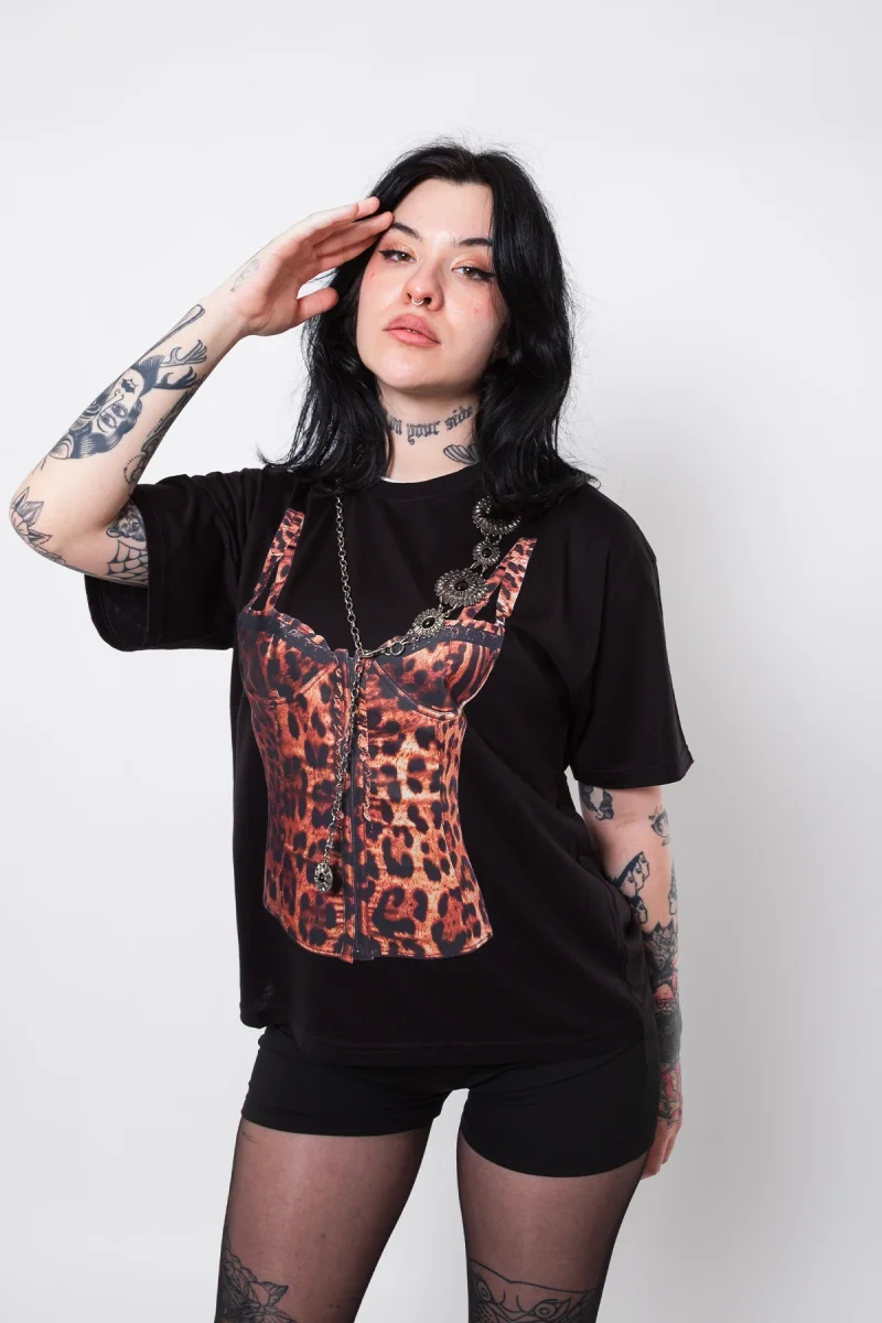 Leo Top Baskılı Relaxed Fit Siyah Kadın Tshirt