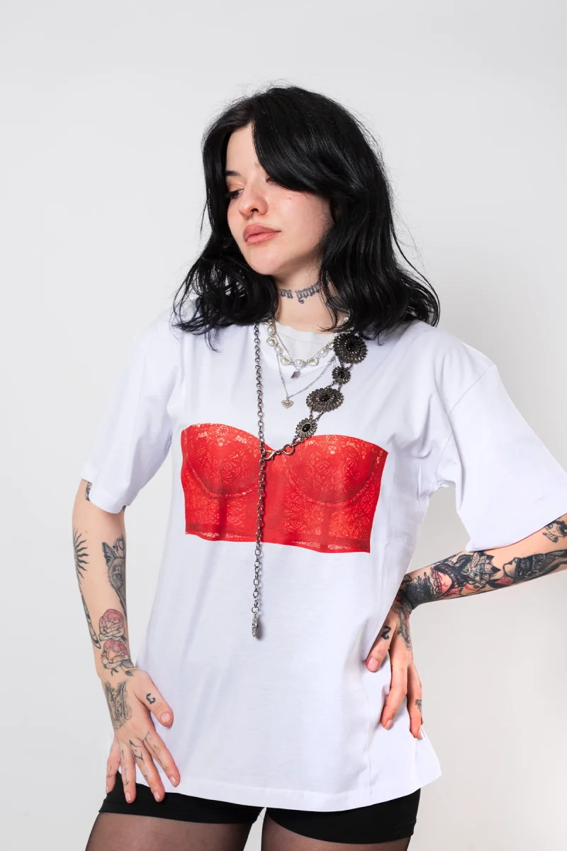 Lace Red Baskılı Relaxed Fit Beyaz Kadın Tshirt