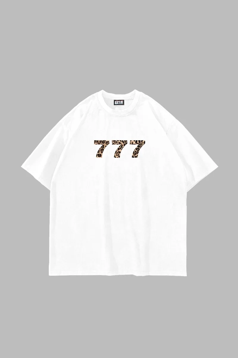 777 Leopar Baskılı Oversize Unisex Premium Beyaz Tshirt