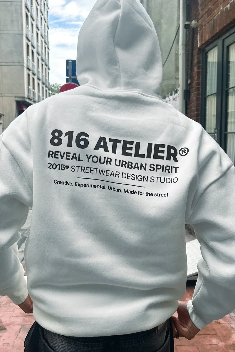 816 ATELIER® Baskılı Oversize Unisex Beyaz Hoodie