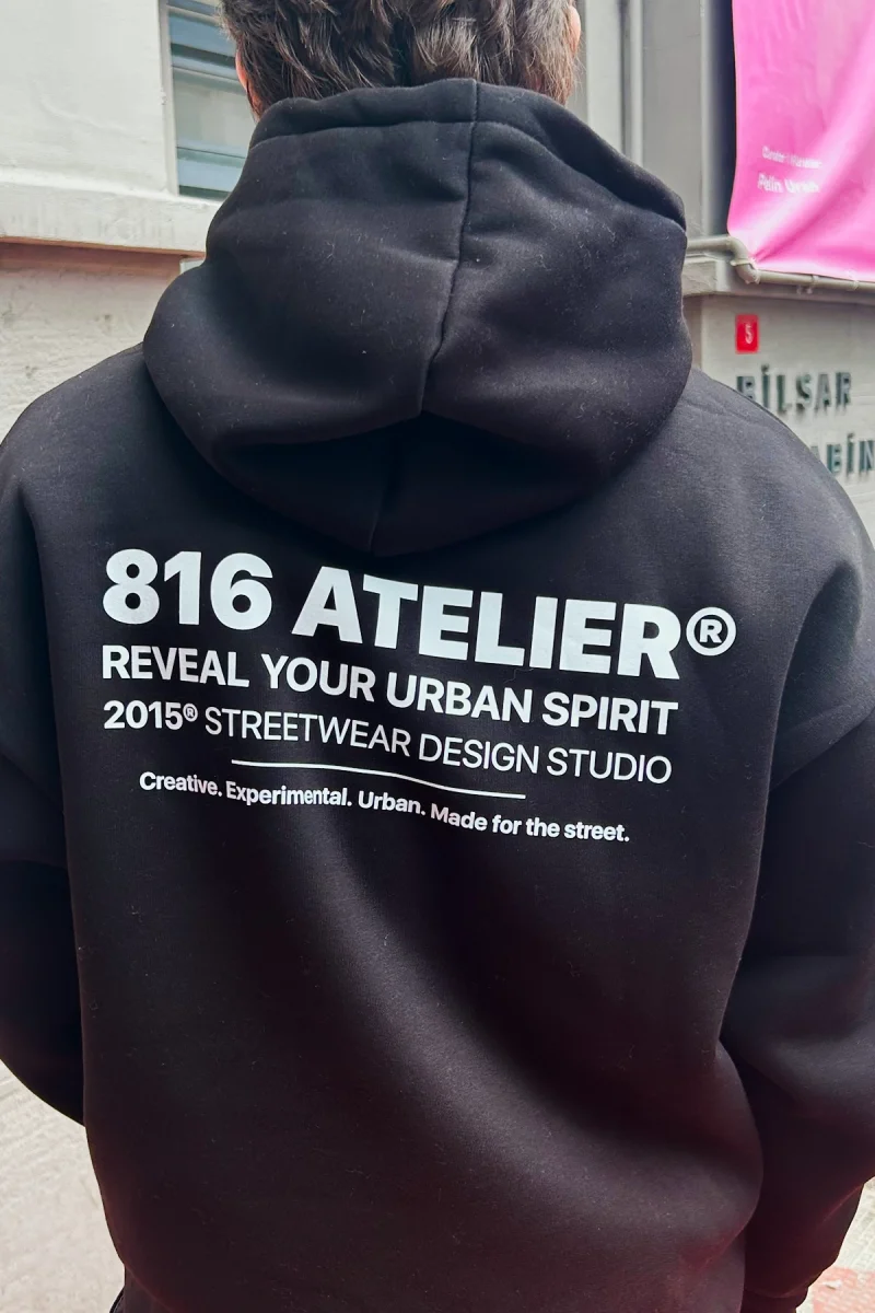 816 ATELIER® Baskılı Oversize Unisex Siyah Hoodie