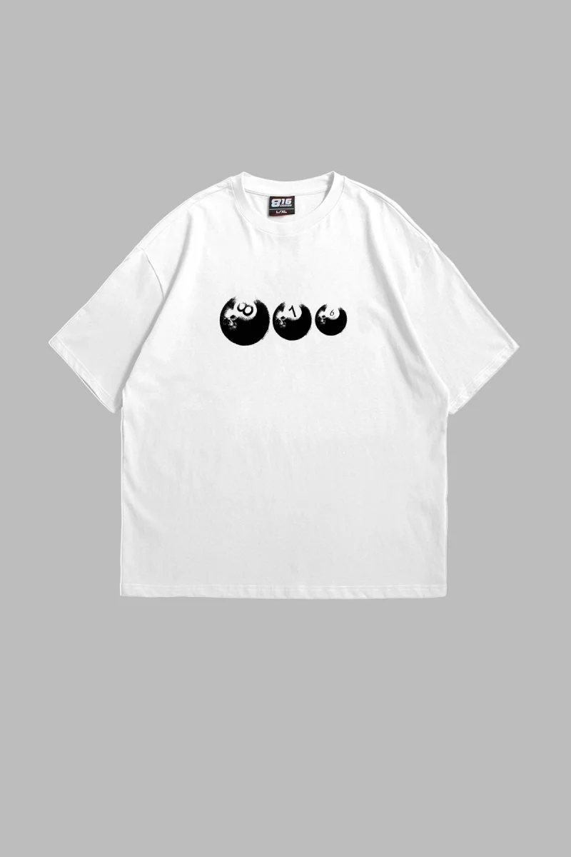 816 Billiard Ball Baskılı Beyaz Oversize Unisex Tshirt