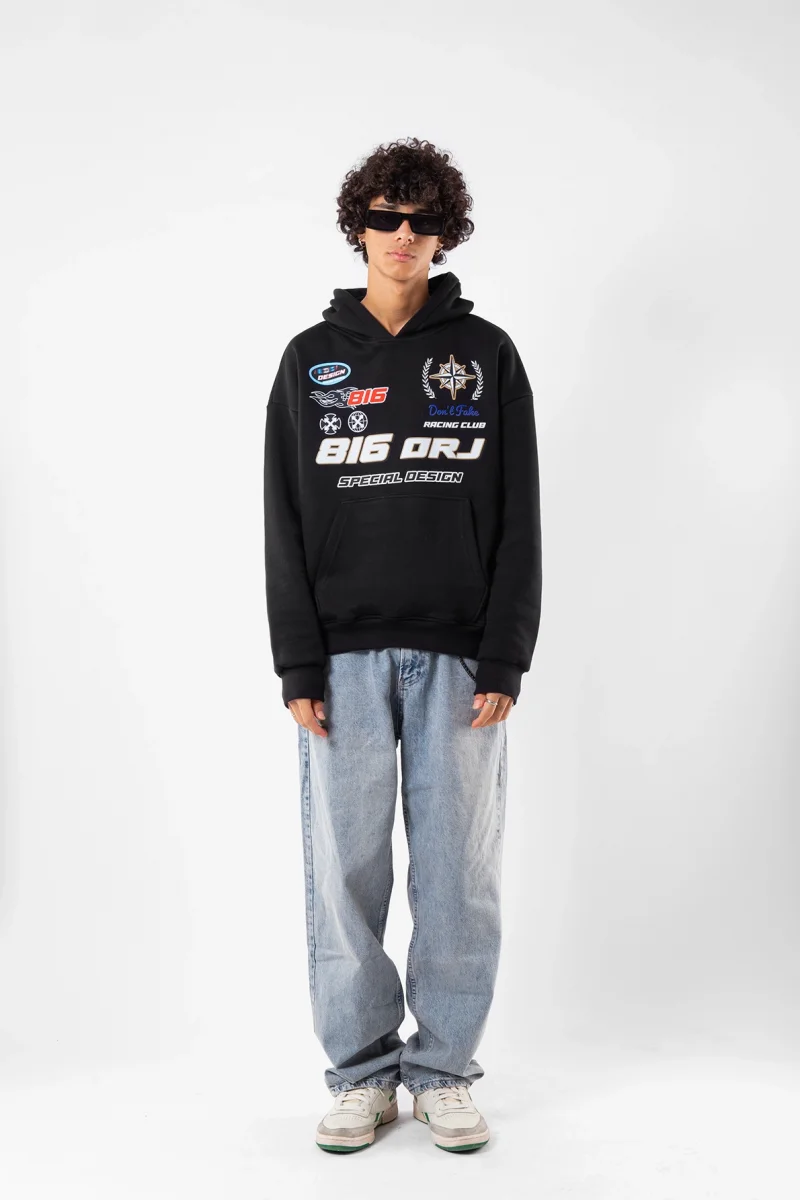 816 Racing Baskılı Oversize Unisex Siyah Hoodie