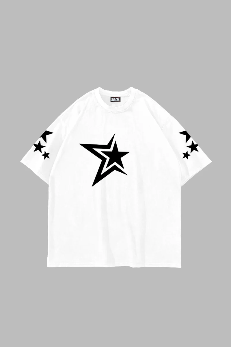816 Stars Baskılı Oversize Unisex Beyaz Tshirt