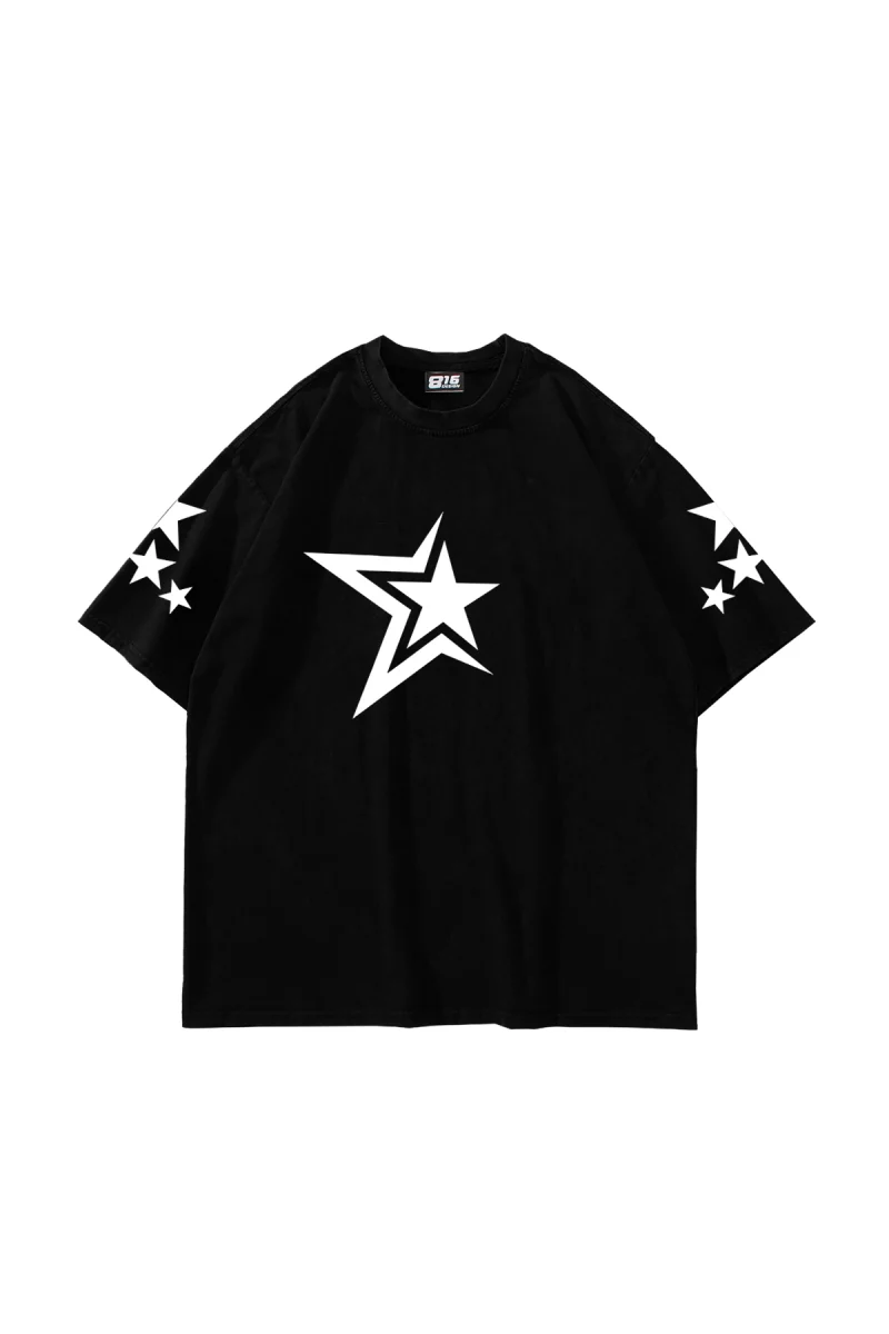 816 Stars Baskılı Oversize Unisex Siyah Tshirt
