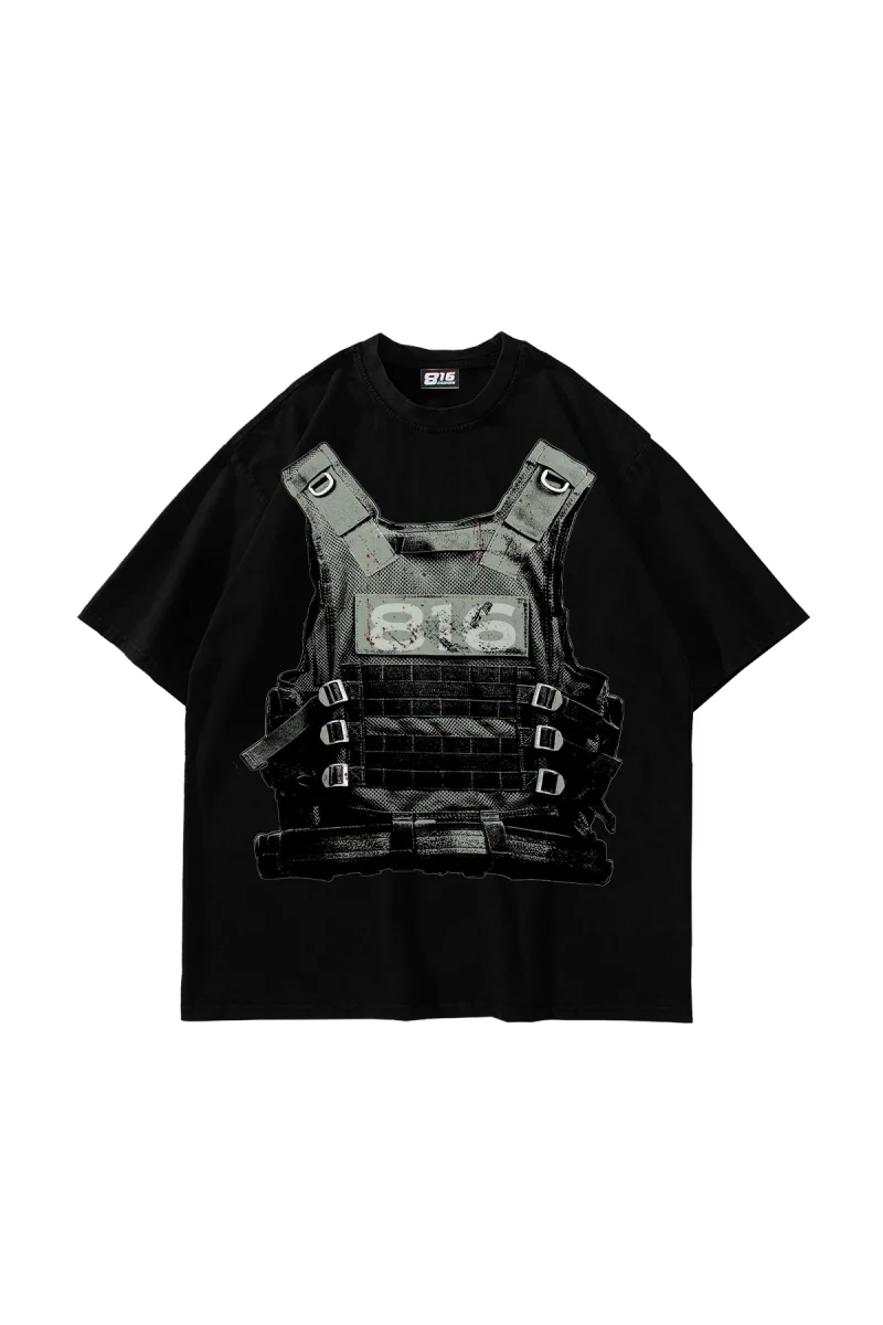 816 Tactical Vest Graphic Oversize Siyah Tişört