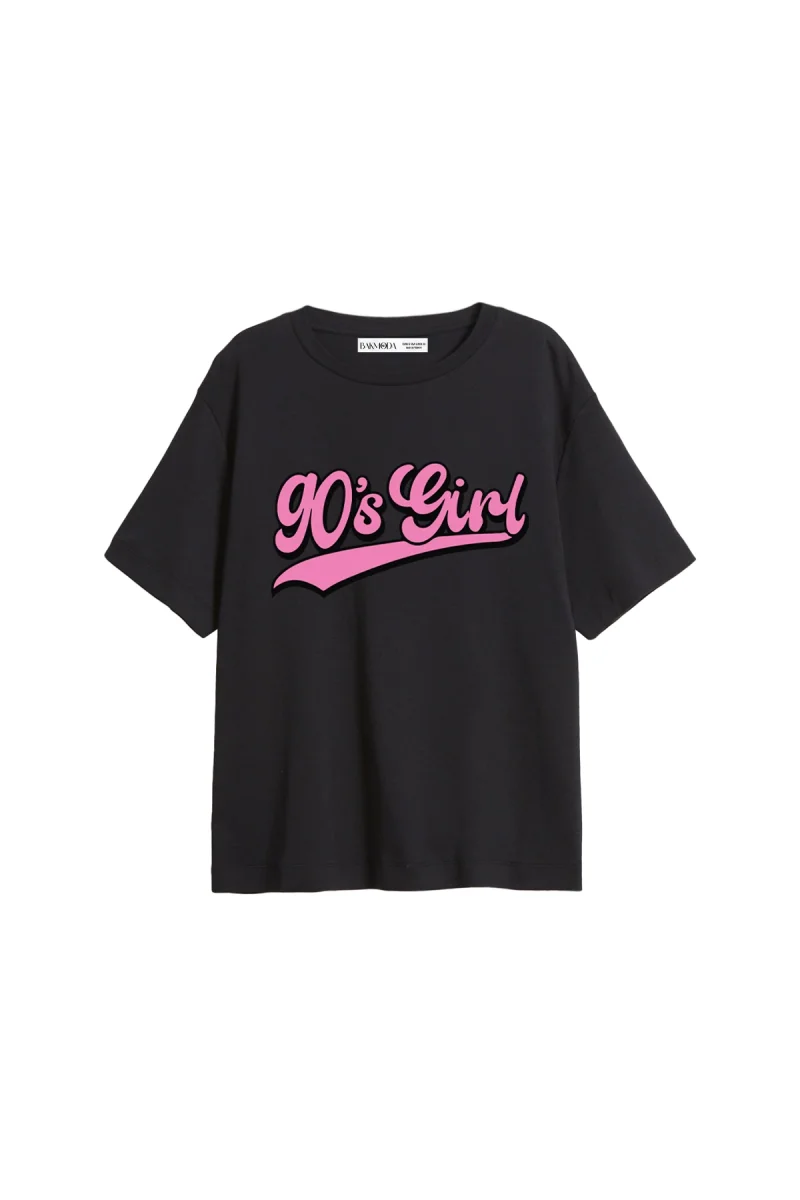90s Girl Baskılı Relaxed Fit Siyah Kadın Tshirt