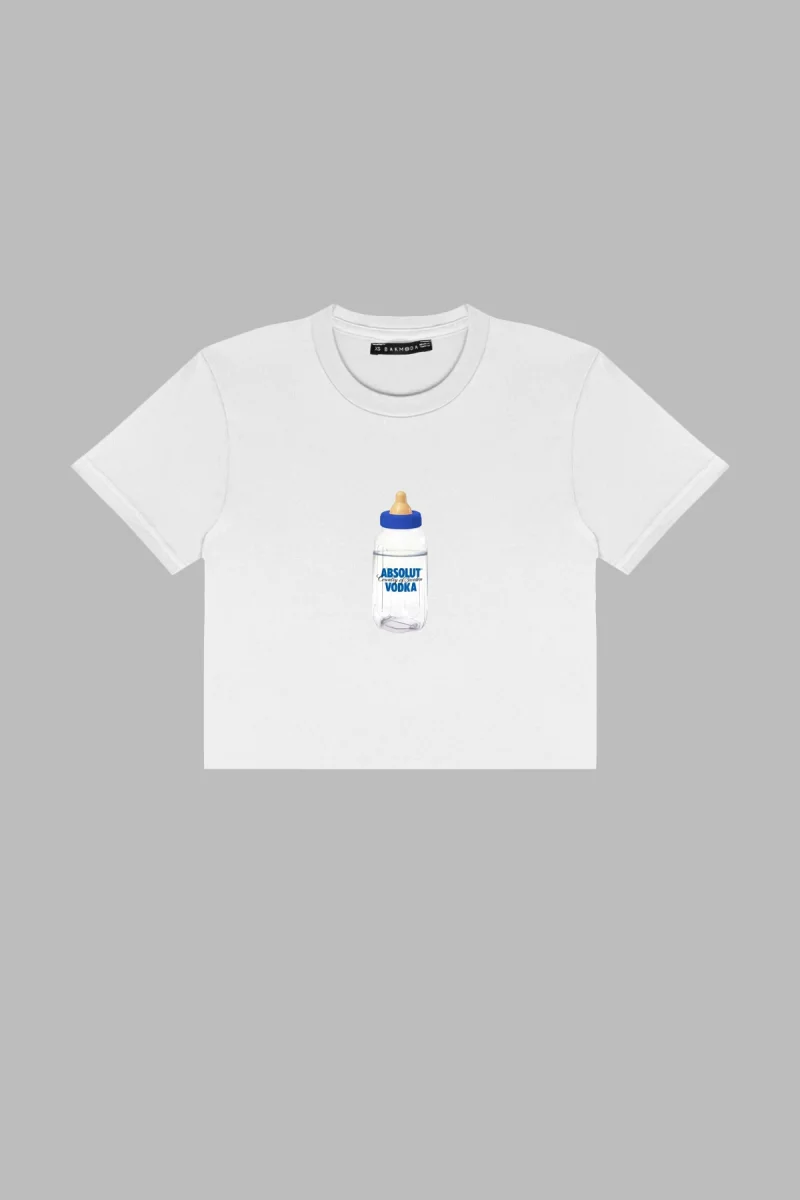 Absolut Vodka Baskılı Beyaz Crop Top