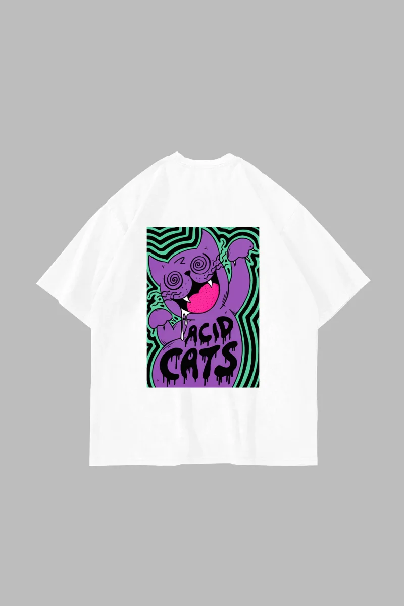 Acid Cat Sırt Baskılı Beyaz Oversize Unisex Tshirt