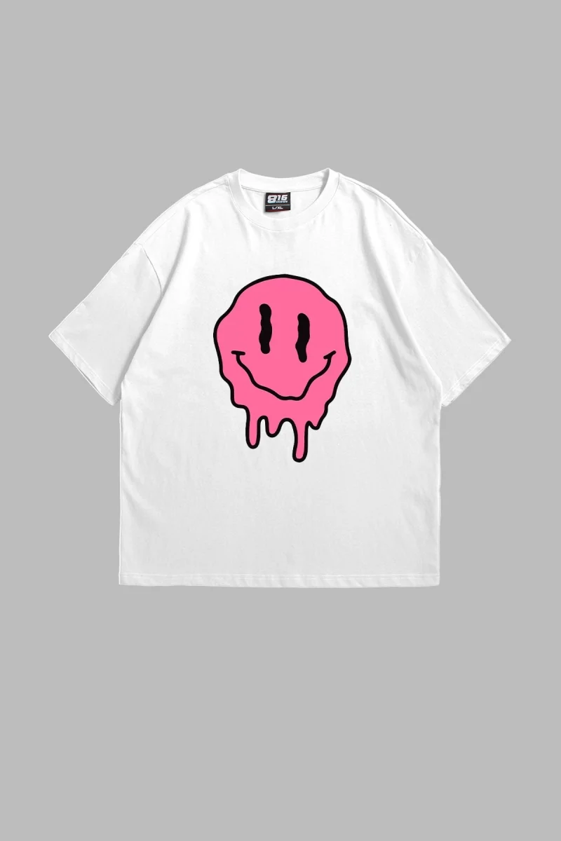 Acid Smile Baskılı Oversize Unisex Beyaz Tshirt