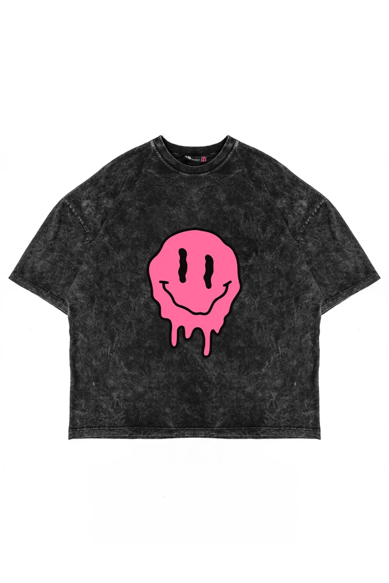 Acid Smile Baskılı Oversize Unisex Yıkamalı Siyah Tshirt