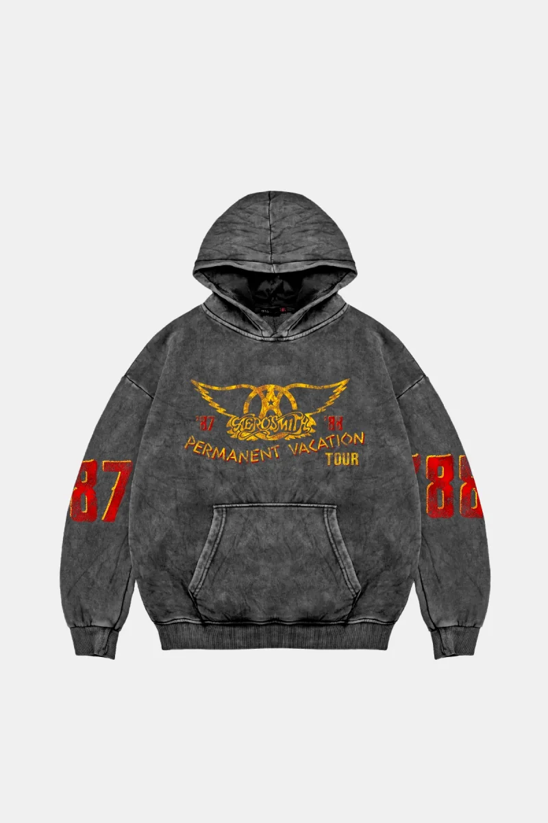 Aerosmith Permanent Vacation Tour Baskılı Oversize Unisex Yıkamalı Siyah Hoodie