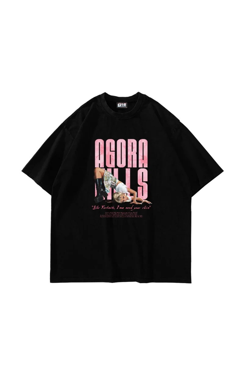 Agora Hills Baskılı Oversize Unisex Siyah Tshirt