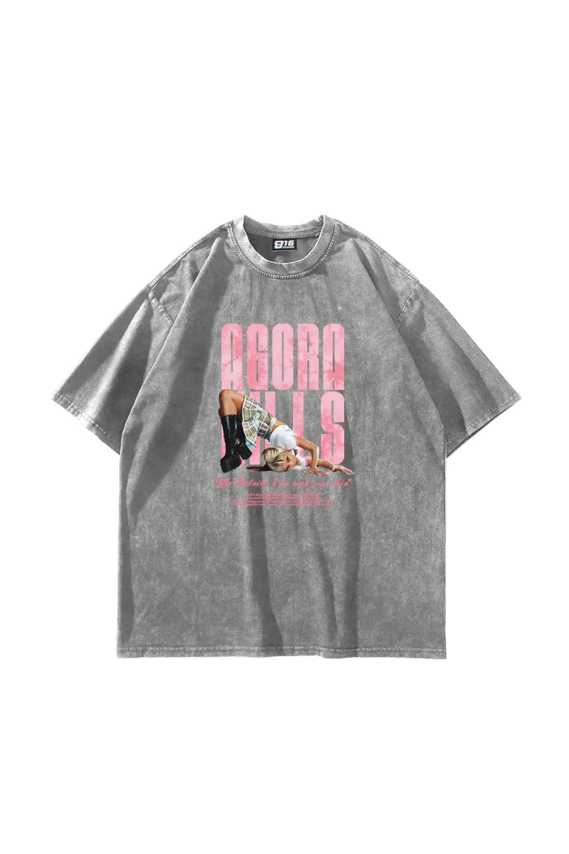 Agora Hills Baskılı Oversize Unisex Yıkamalı Beyaz Tshirt