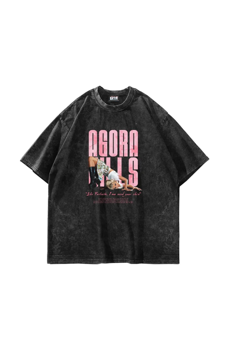Agora Hills Baskılı Oversize Unisex Yıkamalı Siyah Tshirt
