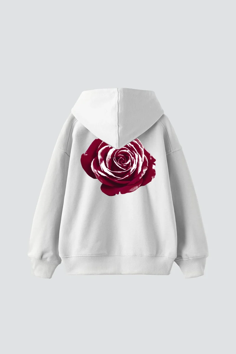 Alert Rose Baskılı Oversize Unisex Beyaz Hoodie