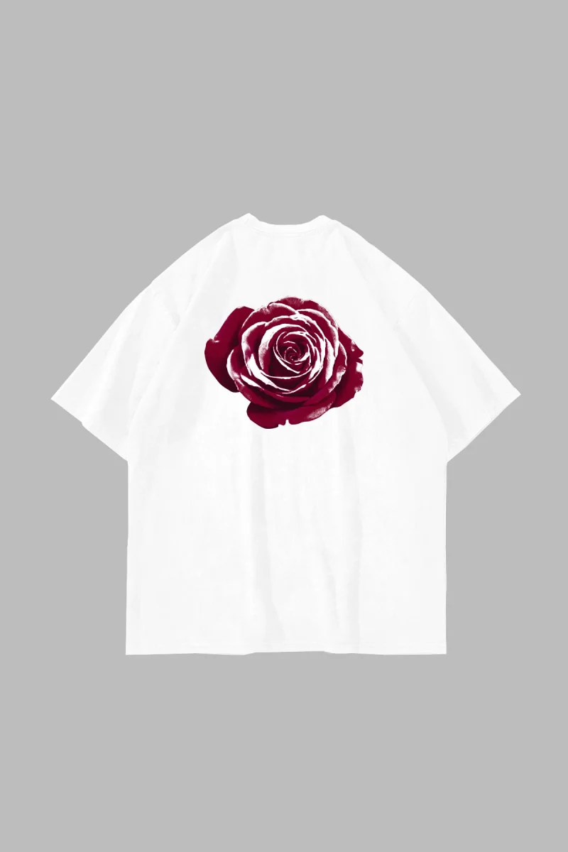 Alert Rose Baskılı Oversize Unisex Beyaz Tshirt