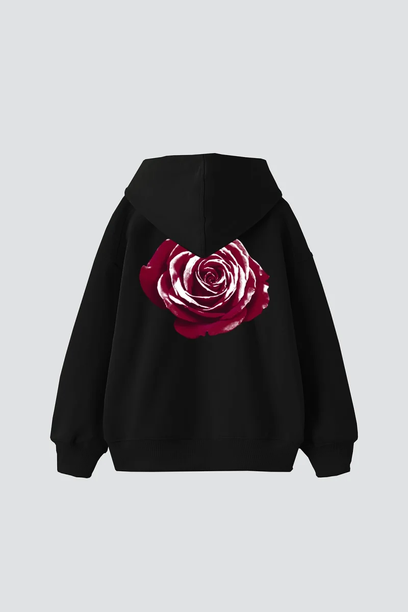Alert Rose Baskılı Oversize Unisex Siyah Hoodie