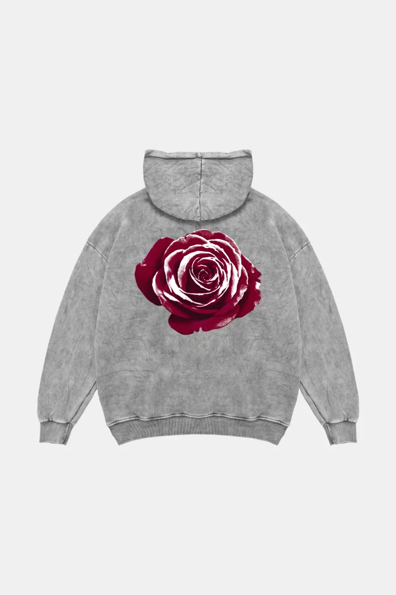 Alert Rose Baskılı Oversize Unisex Yıkamalı Beyaz Hoodie