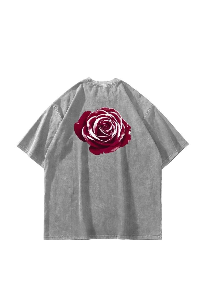 Alert Rose Baskılı Oversize Unisex Yıkamalı Beyaz Tshirt