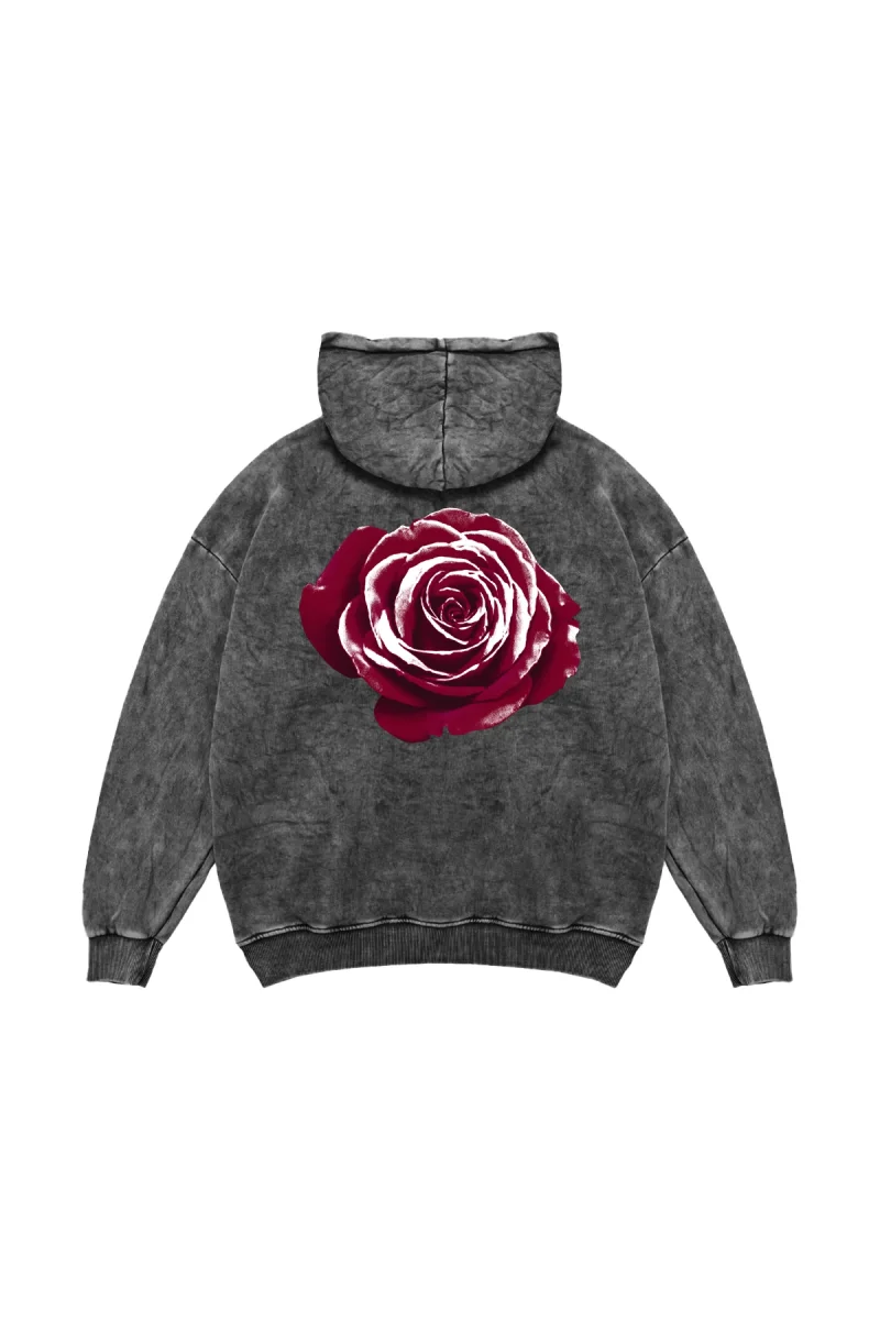 Alert Rose Baskılı Oversize Unisex Yıkamalı Siyah Hoodie