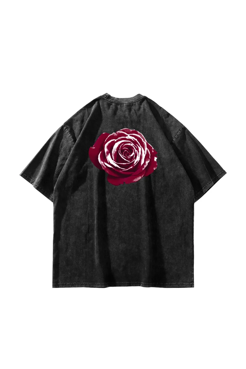 Alert Rose Baskılı Oversize Unisex Yıkamalı Siyah Tshirt