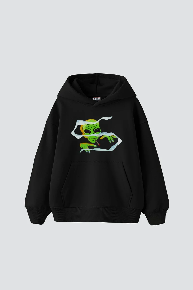 Alien Smoke Baskılı Oversize Unisex Siyah Hoodie