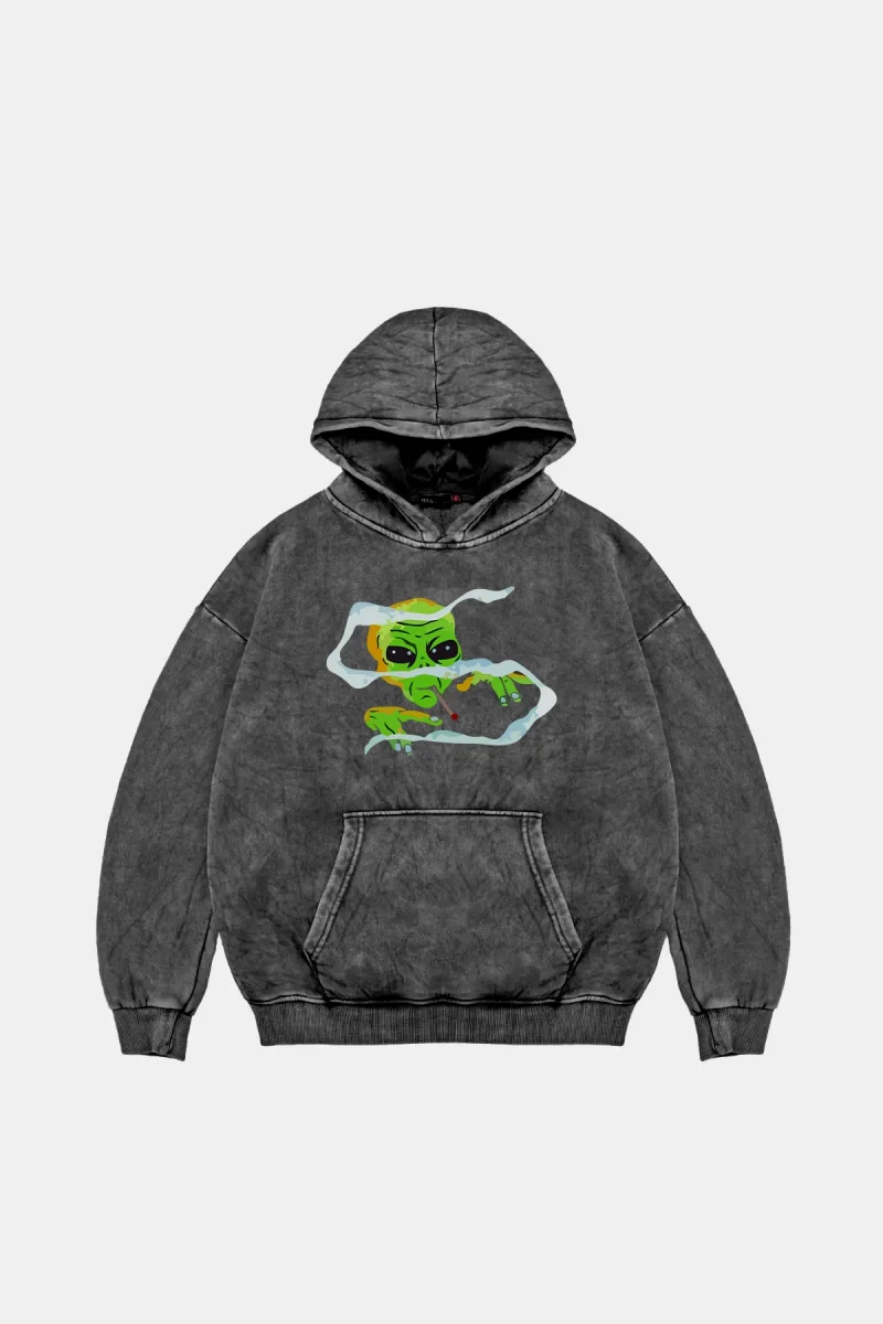 Alien Smoke Baskılı Oversize Unisex Yıkamalı Siyah Hoodie