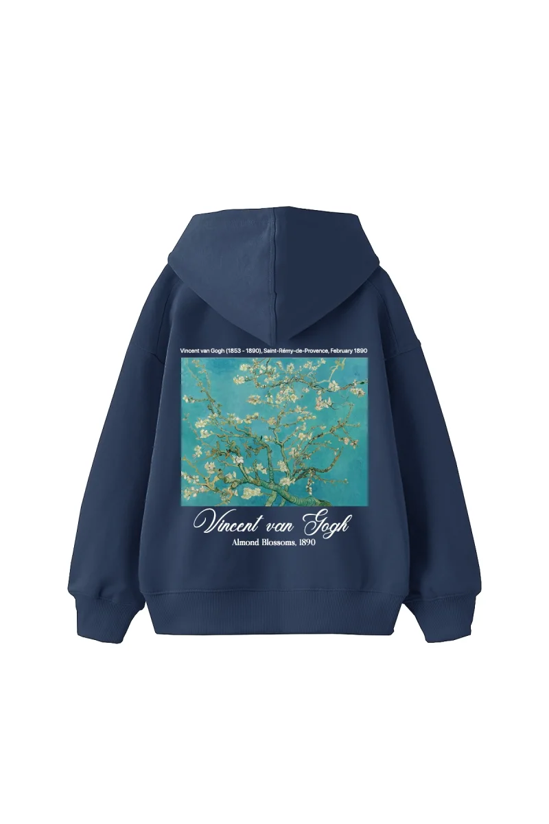 Almond Blossoms Baskılı Oversize Unisex İndigo Hoodie