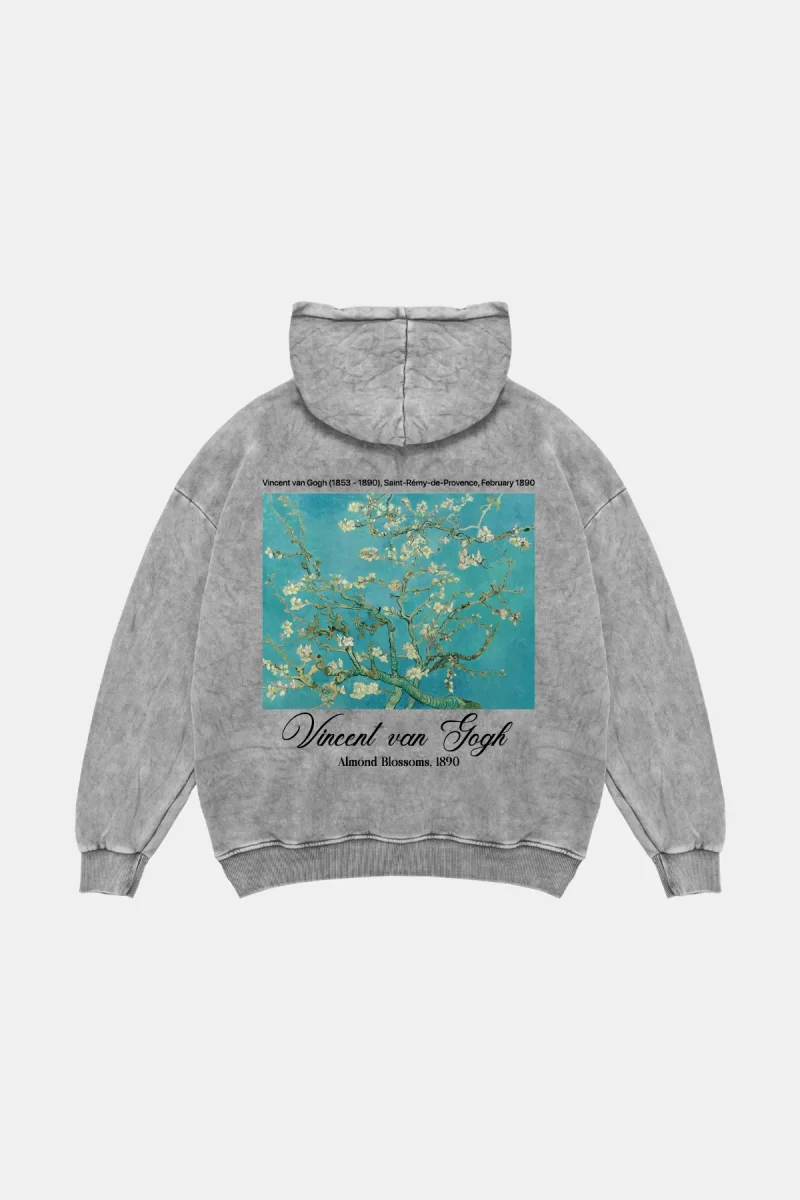 Almond Blossoms Baskılı Oversize Unisex Yıkamalı Beyaz Hoodie