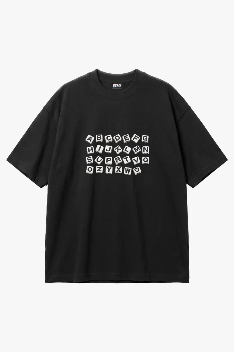 Alphabet Cubes Baskılı Siyah Oversize Unisex Tshirt