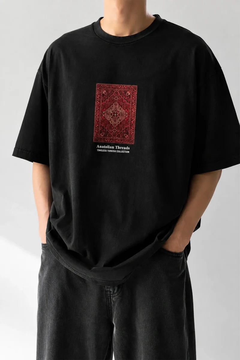 Anatolian Threads Baskılı Oversize Unisex Siyah Tshirt