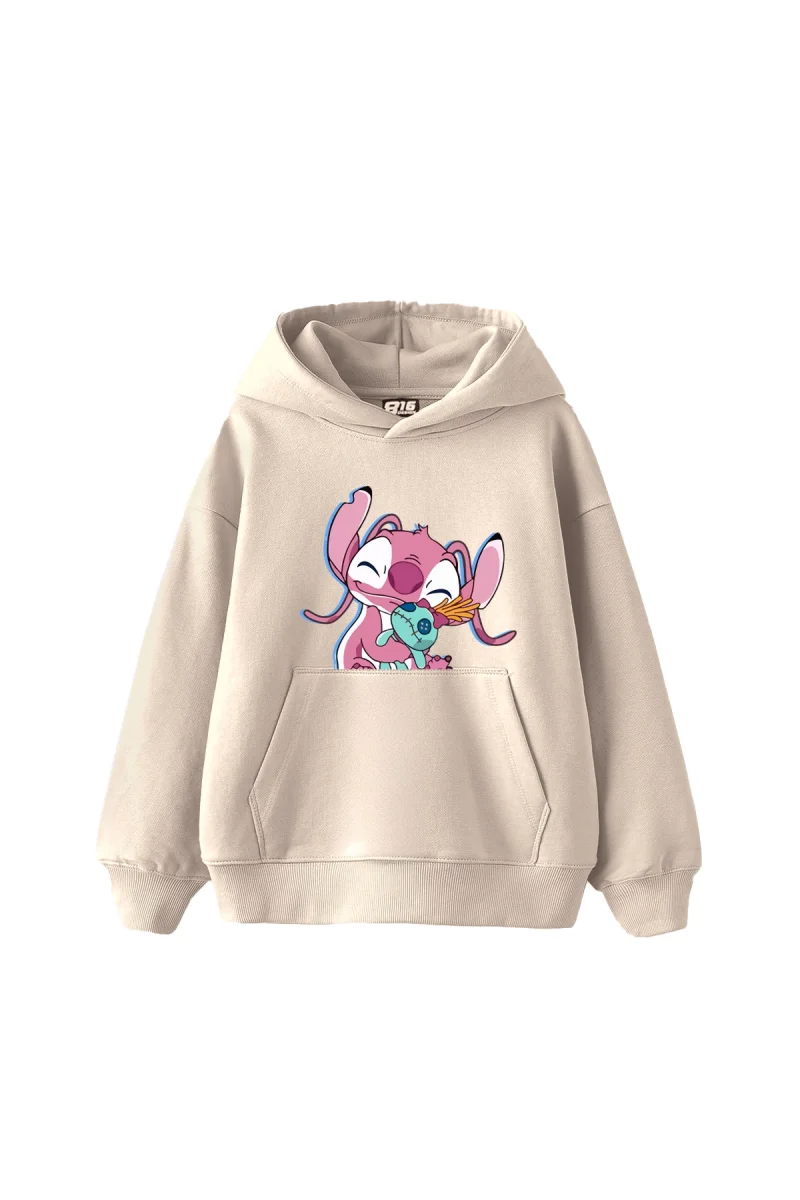 Angel Stitch Baskılı Oversize Unisex Bej Hoodie