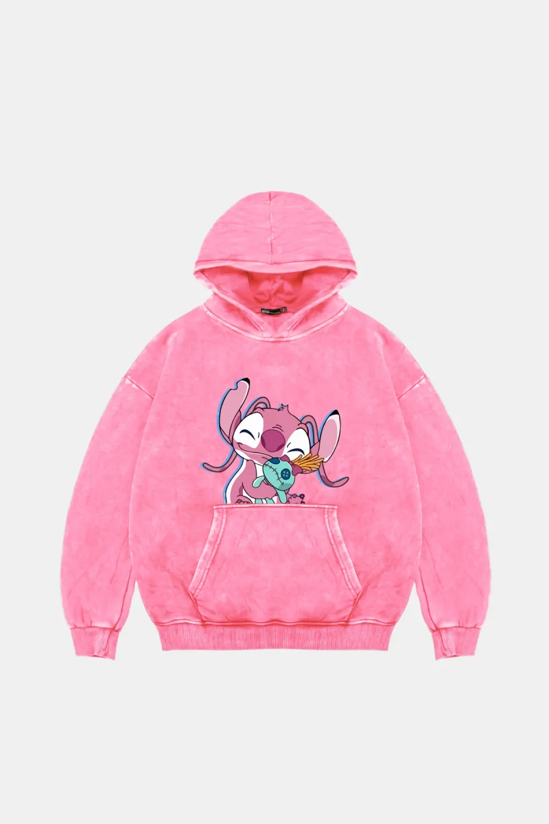 Angel Stitch Baskılı Oversize Unisex Yıkamalı Pembe Hoodie