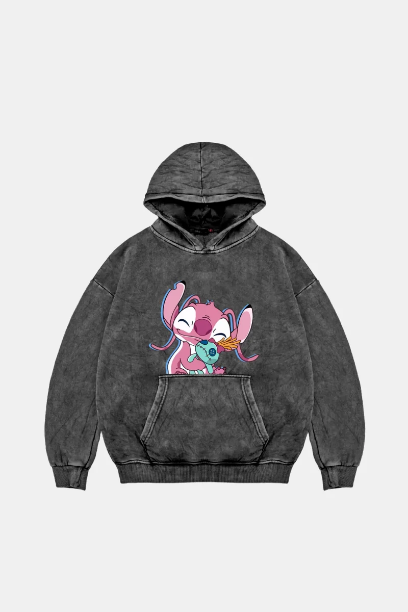 Angel Stitch Baskılı Oversize Unisex Yıkamalı Siyah Hoodie
