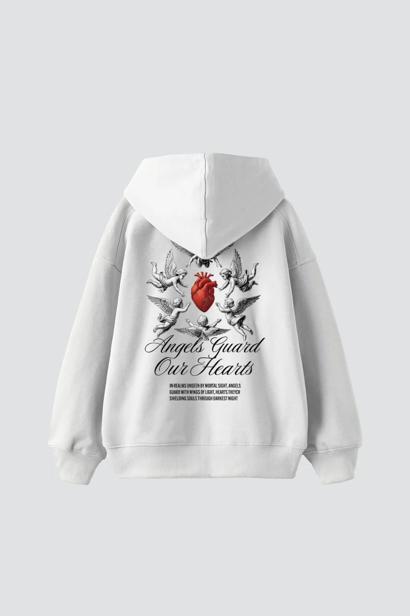 Angels Guard Our Hearts Baskılı Oversize Unisex Beyaz Hoodie