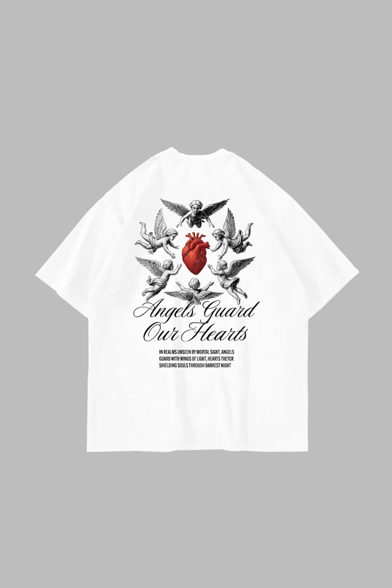 Angels Guard Our Hearts Baskılı Oversize Unisex Beyaz Tshirt