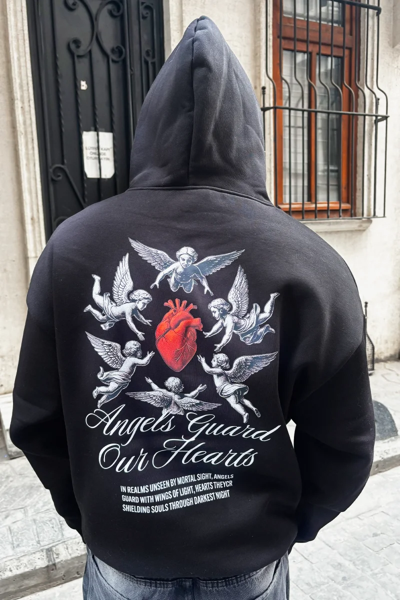 Angels Guard Our Hearts Baskılı Oversize Unisex Siyah Hoodie