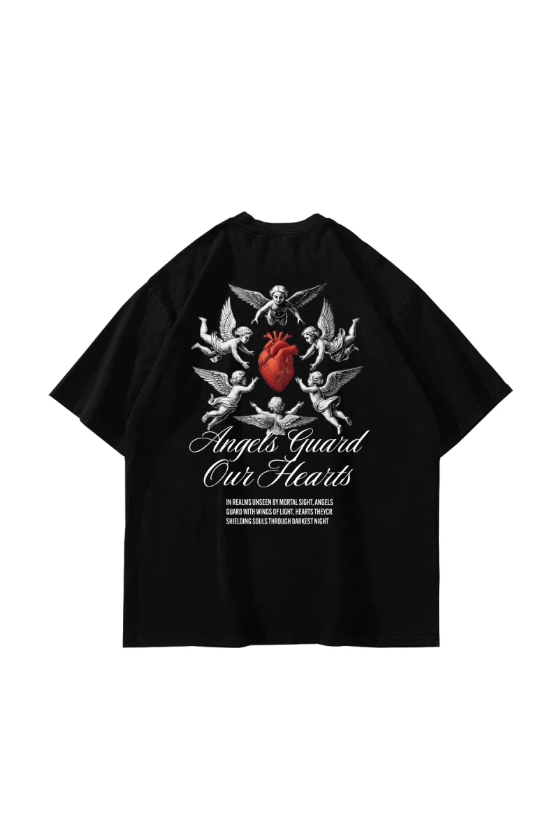 Angels Guard Our Hearts Baskılı Oversize Unisex Siyah Tshirt