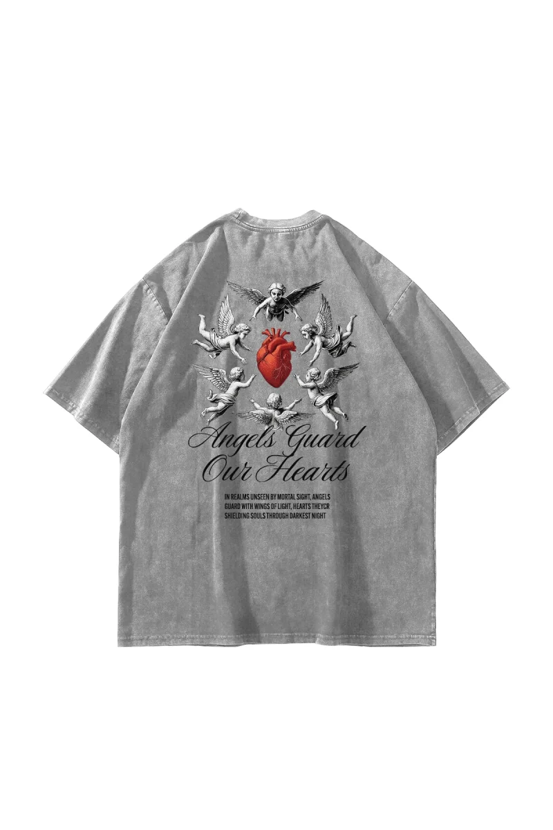 Angels Guard Our Hearts Baskılı Oversize Unisex Yıkamalı Beyaz Tshirt
