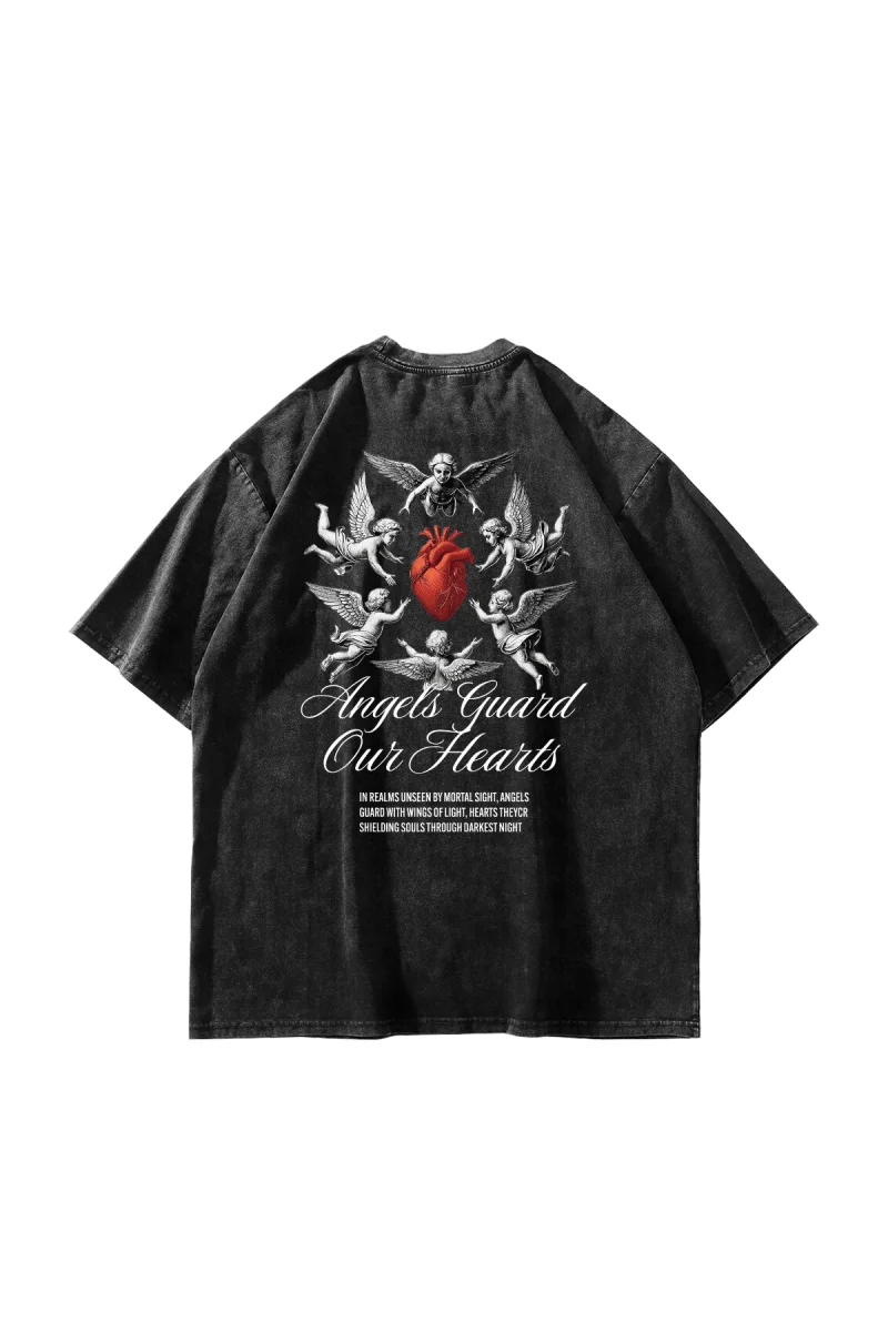 Angels Guard Our Hearts Baskılı Oversize Unisex Yıkamalı Siyah Tshirt