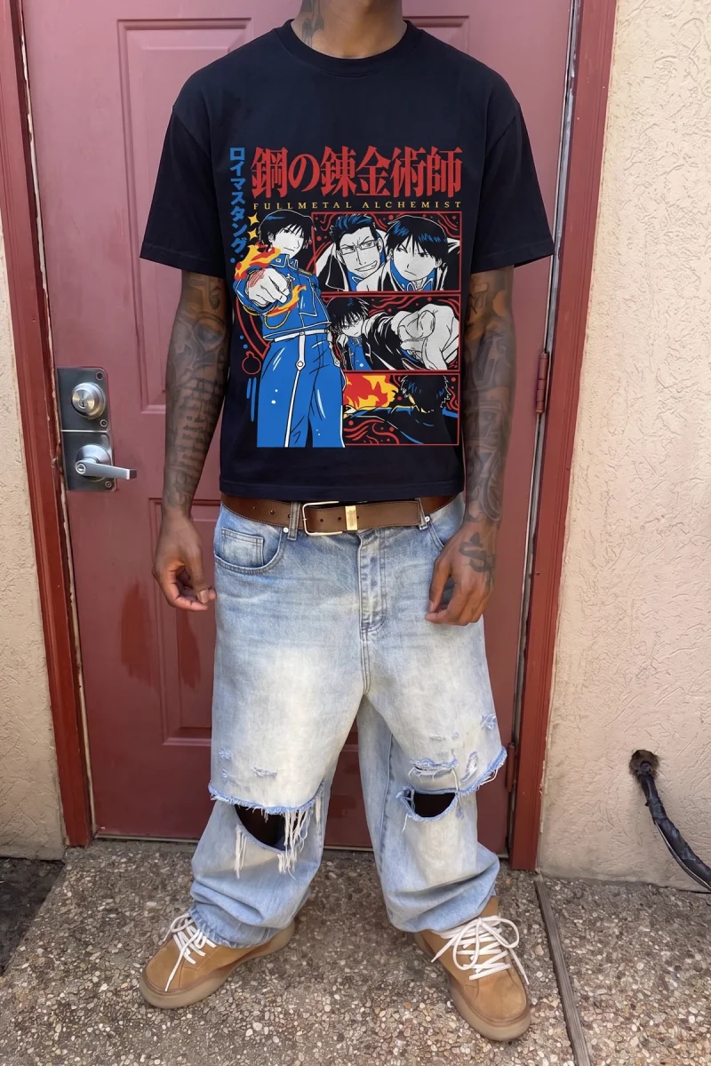 Anime Alchemist Baskılı Siyah Oversize Tshirt
