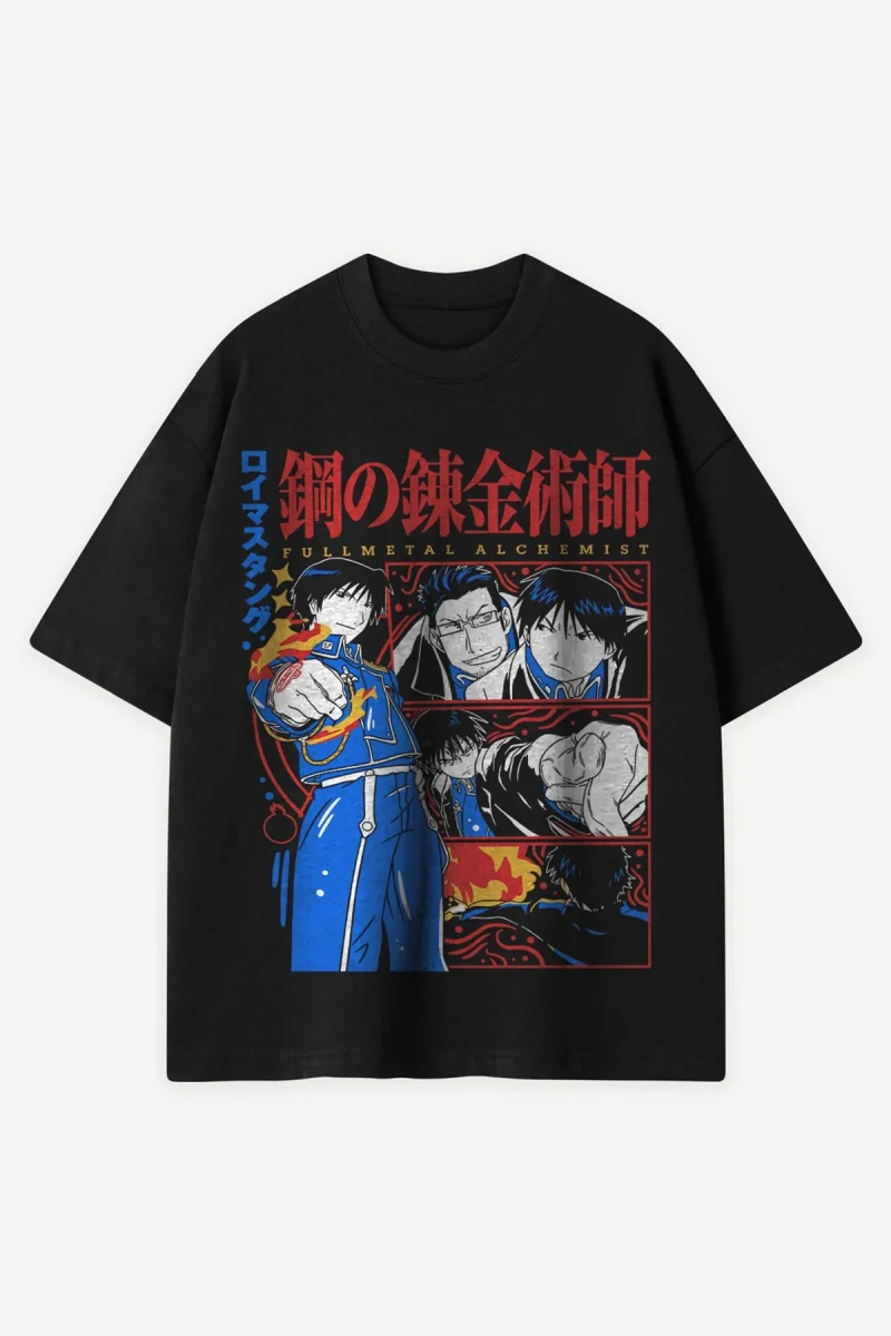 Anime Alchemist Baskılı Siyah Oversize Tshirt