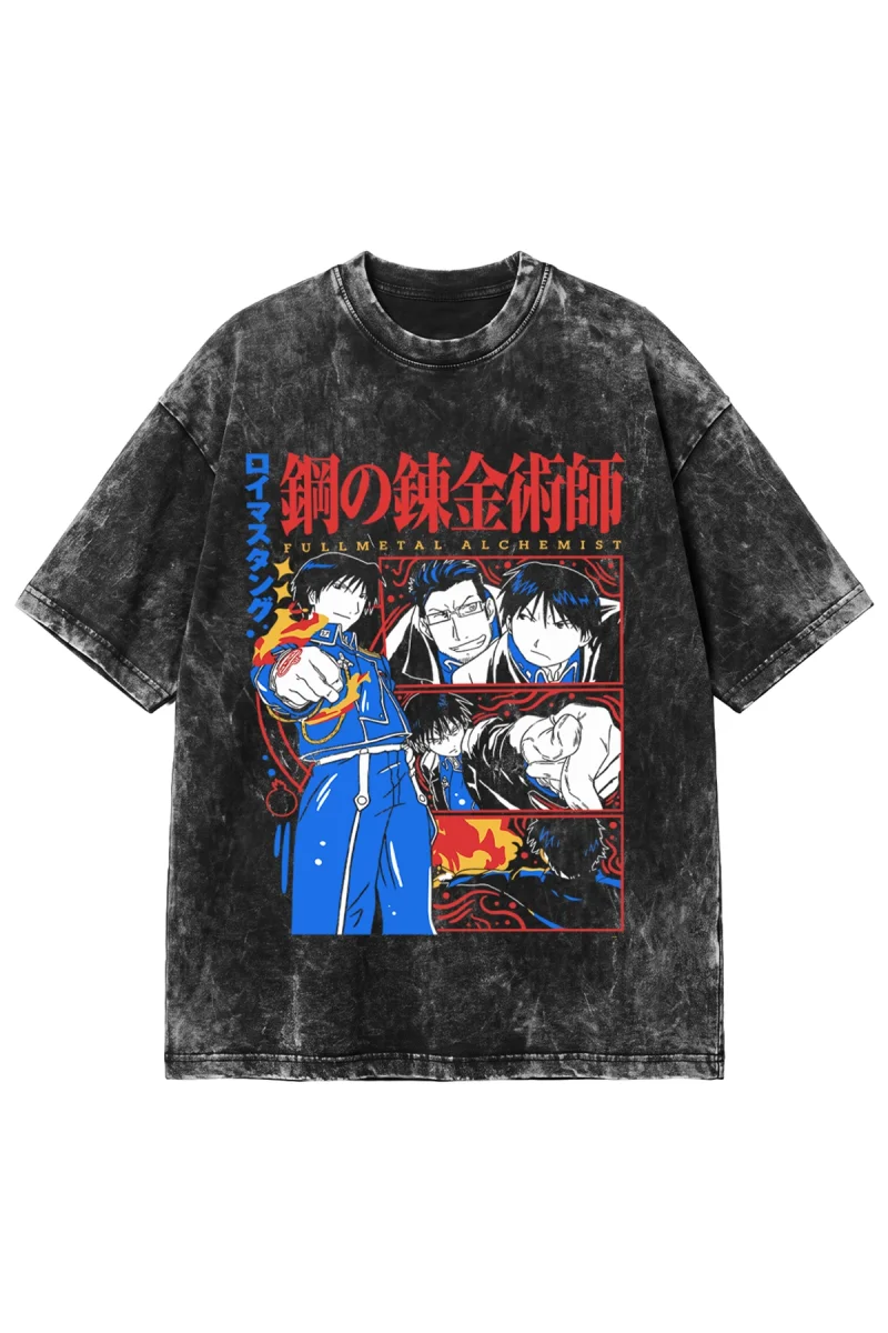 Anime Alchemist Baskılı Yıkamalı Siyah Oversize Tshirt
