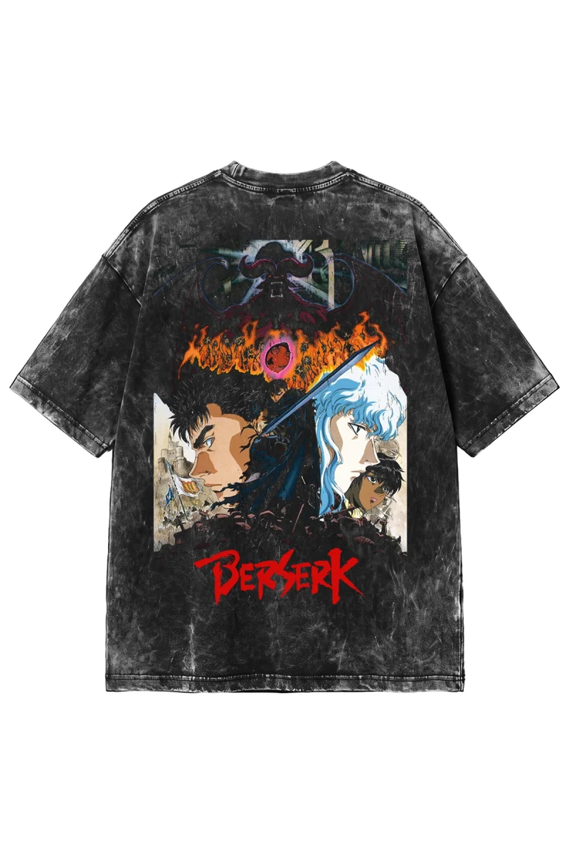 Anime Berserk Baskılı Yıkamalı Siyah Oversize Tshirt