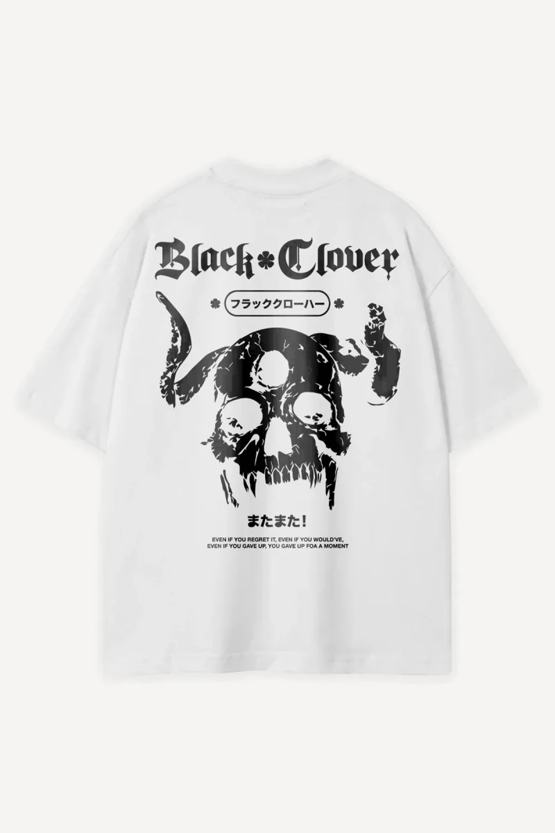 Magic Clover Demon Skull Baskılı Beyaz Oversize Unisex Tshirt