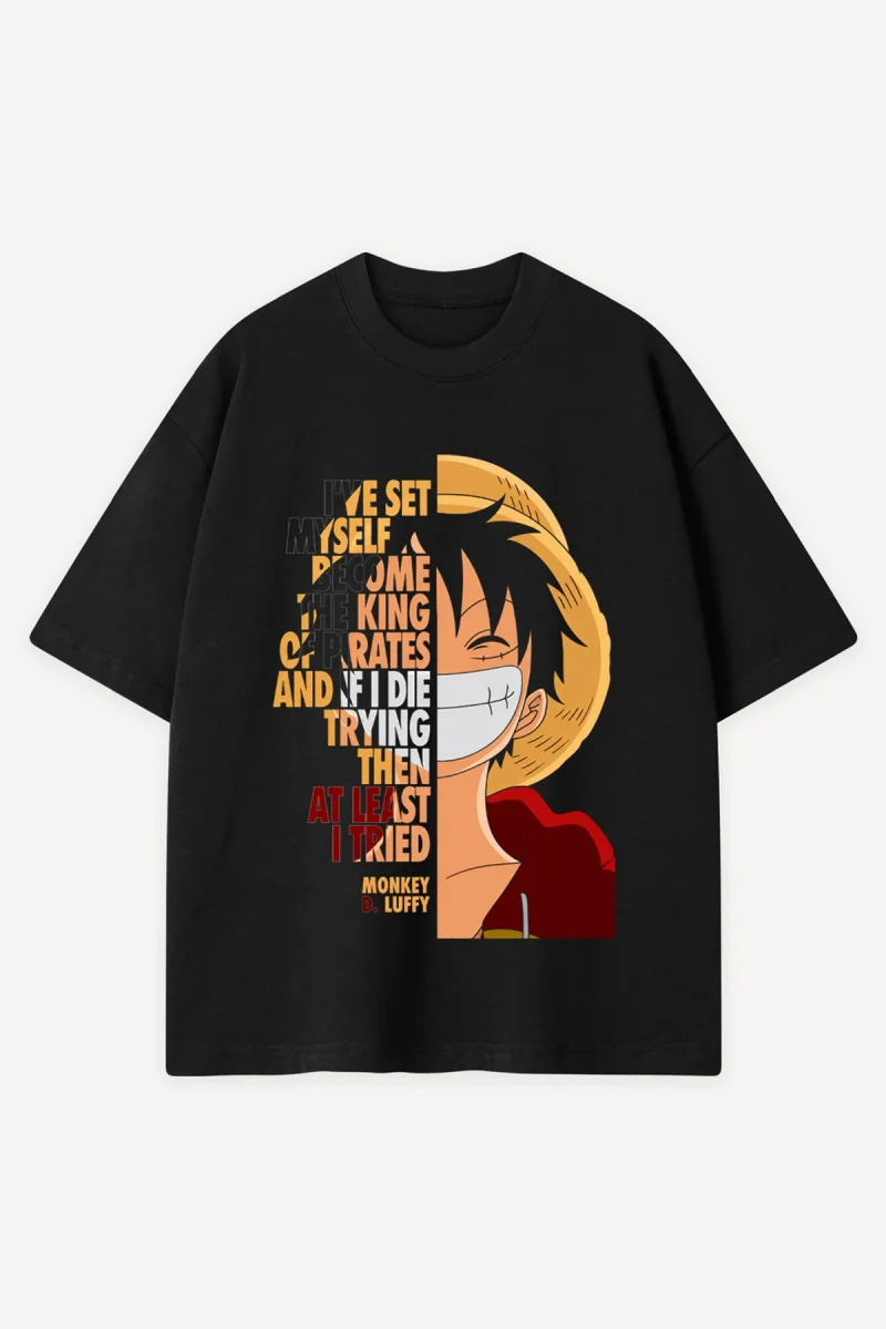 Anime Luffy Quote Baskılı Siyah Oversize Tshirt
