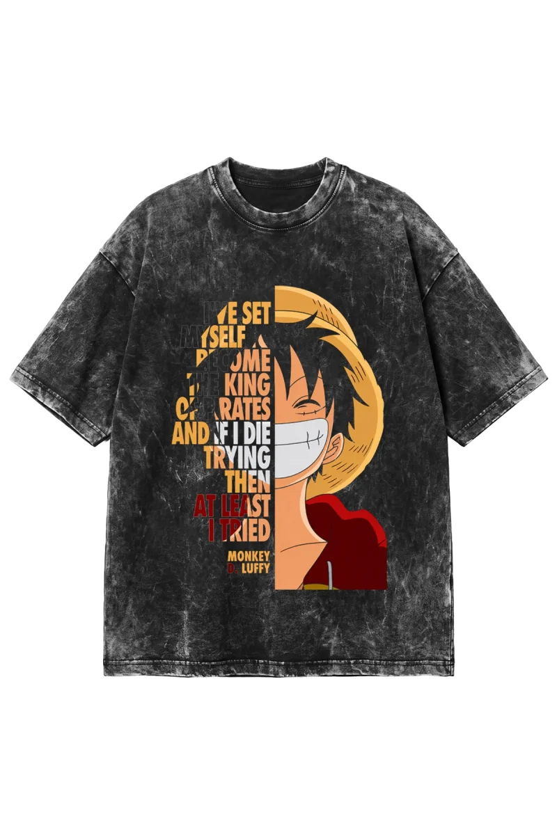 Anime Luffy Quote Baskılı Yıkamalı Siyah Oversize Tshirt