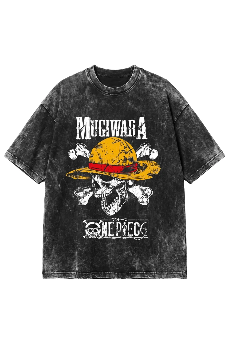 Anime Mugiwara Baskılı Yıkamalı Siyah Oversize Tshirt