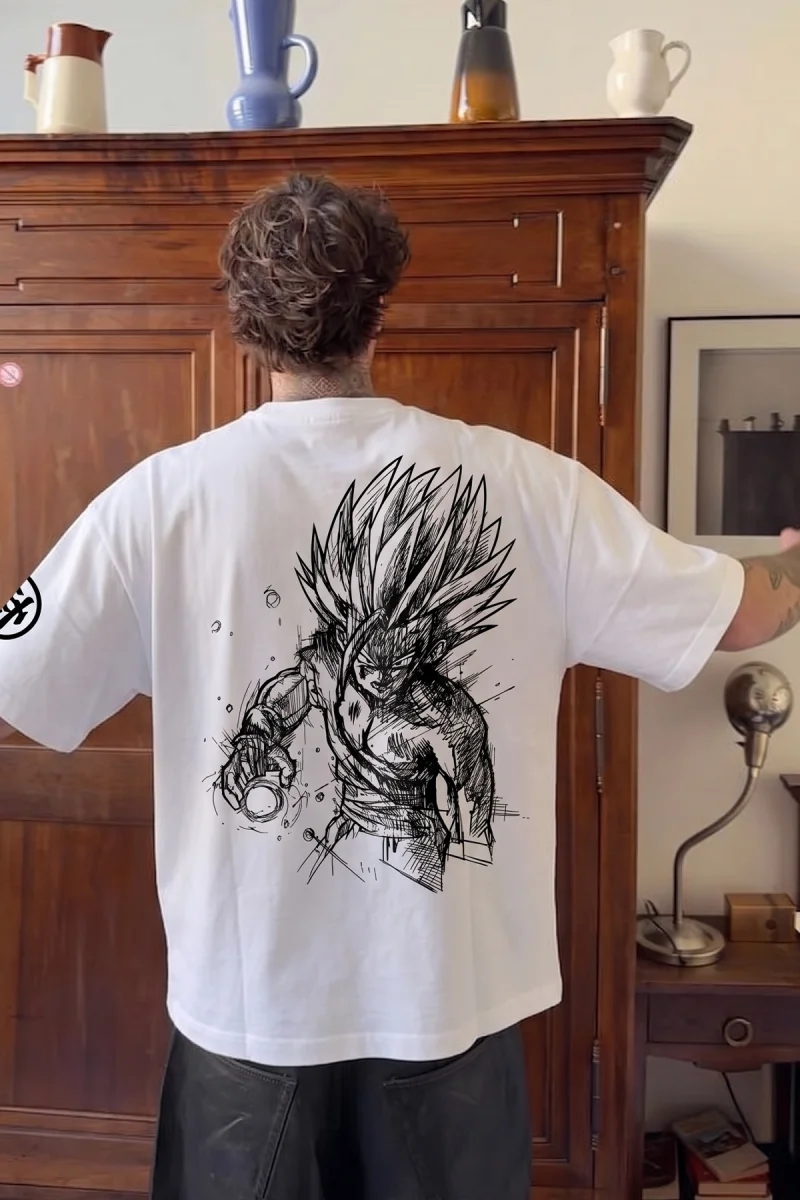 Anime Saiyan Baskılı Beyaz Oversize Tshirt